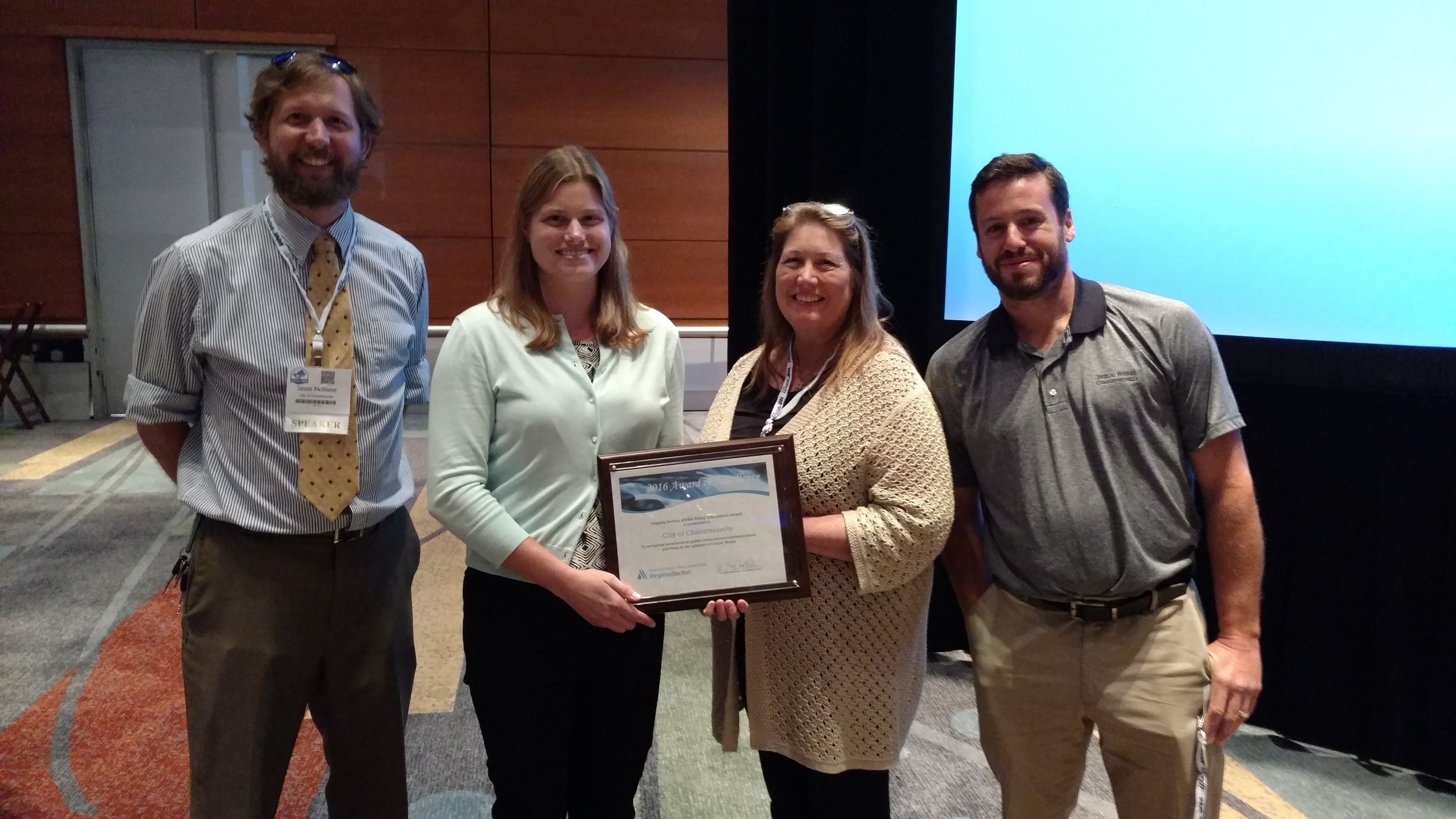 Charlottesville receiving the 2016 Virginia American Water Works Association Public Information Awar