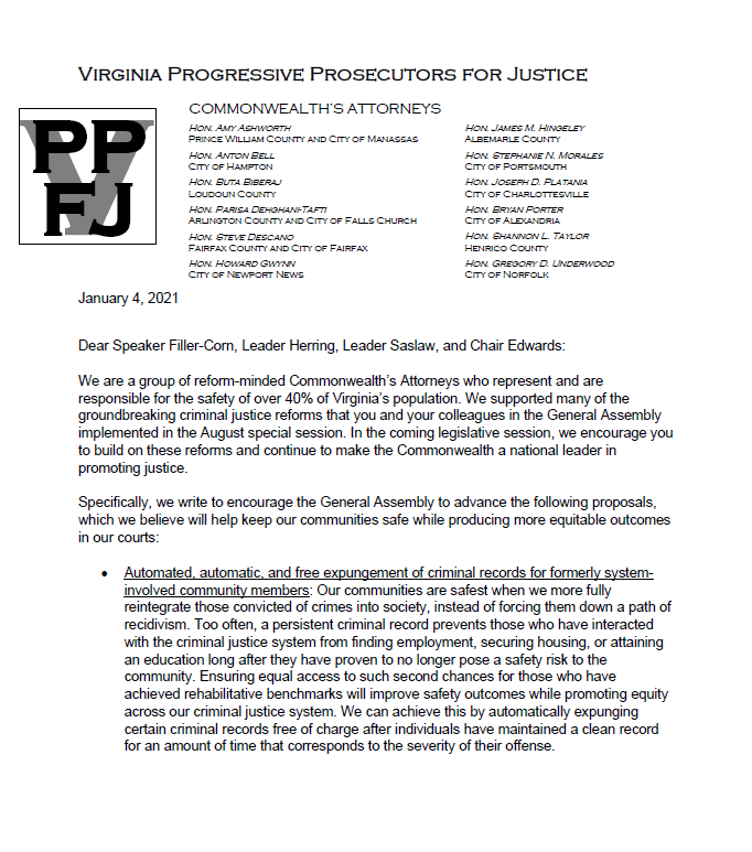 Virginia Progressive Prosecutors for Justice letter, 1/4/2021, page 1