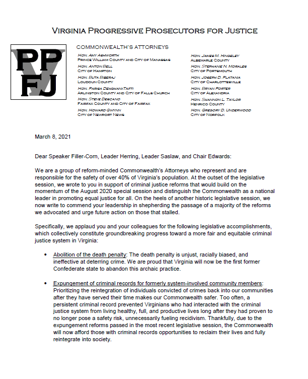 Virginia Progressive Prosecutors for Justice letter, 3/8/2021, page 1