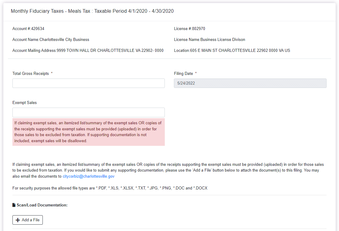 Meals Tax Filing Screenshot