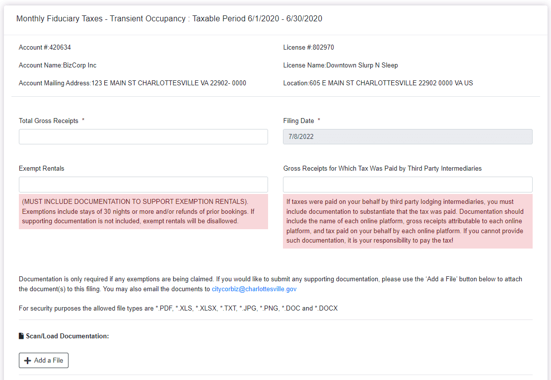 Transient Occupancy Tax Filing Screenshot